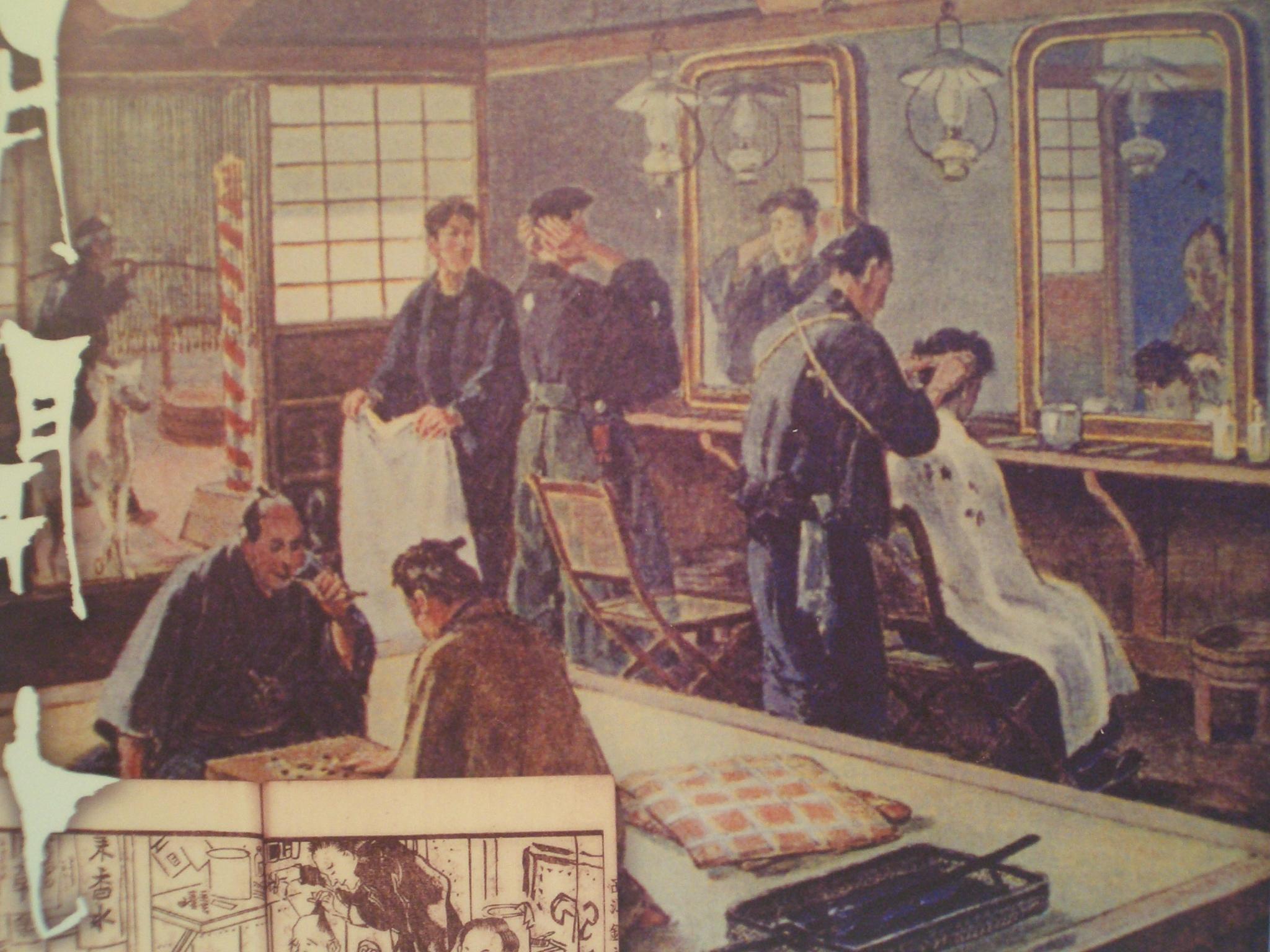 知っているような 理容資料館 江戸時代の髪結い床屋風景 明治 大正時代 理容椅子 理容椅子が広く普及したのは 明治の中期以降で 明治末期から大正にかけては 主に 木製の椅子であった 大正中期には 背もたれだけがﾊﾝﾄﾞﾙ操作による ﾘｸﾗｲﾆﾝｸﾞ